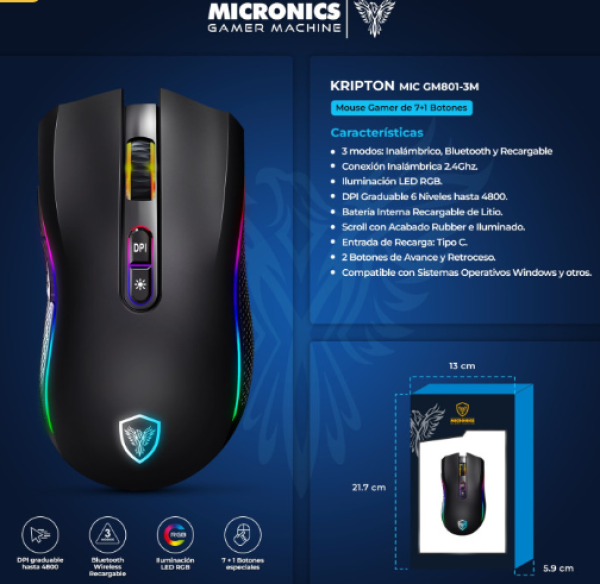 KRIPTON GM801-3M MOUSE GAMER USB RGB DPI 4800 8B MICRONICS