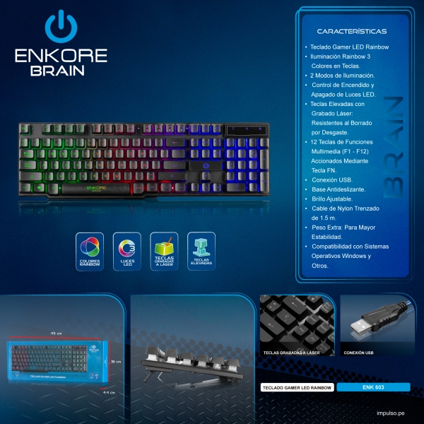 BRAIN ENK603 TECLADO GAMER USB RAINBOW ENKORE