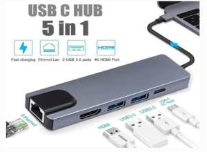 ADAPTADOR DE RED HUB 5 EN 1 TIPO C HDMI / RJ45 /USB 3.0 X 2/ TIPO C DE CARGA